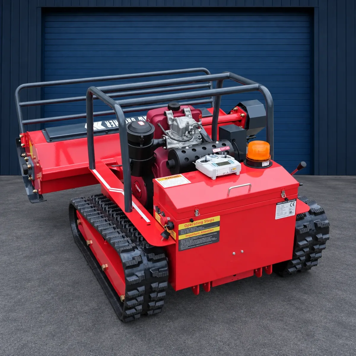 Sonca radio-controlled forestry mulcher — rear three-quarter view, control box and remote control
