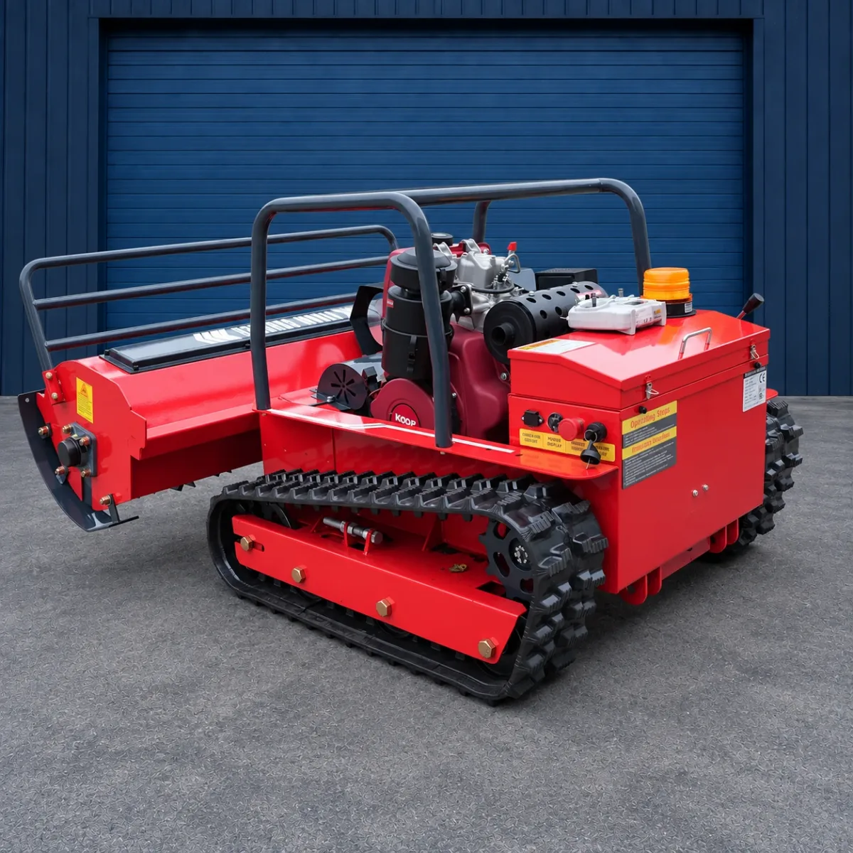 Sonca radio-controlled forestry mulcher — rear view, tracks and beacon