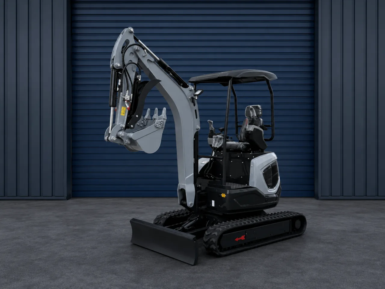 Mini-pelle Xcavator XC22 PRO V2, profil gauche avec bras déporté déployé