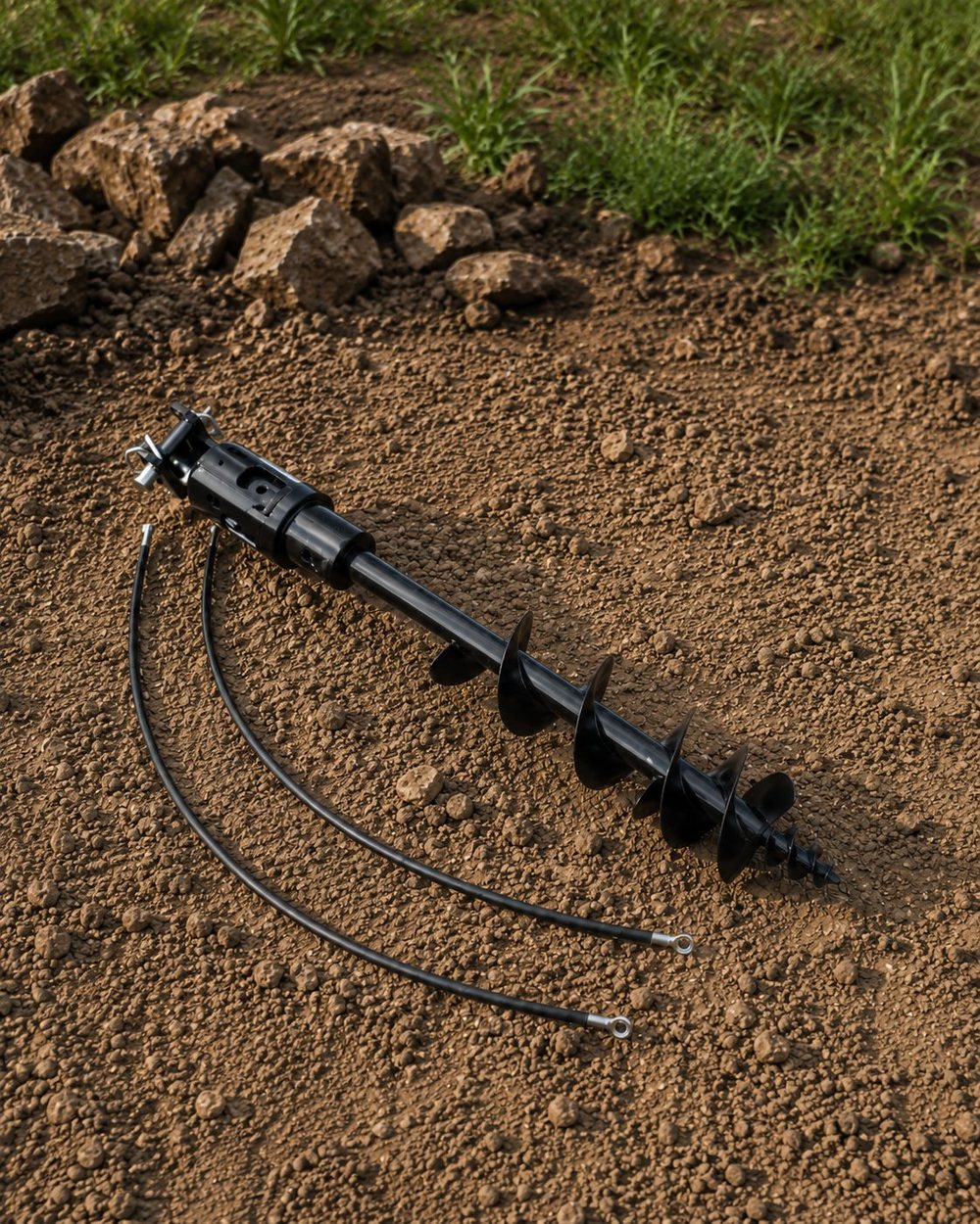 Tarière hydraulique pour mini-pelle avec mèche hélicoïdale et flexibles hydrauliques, posée sur un terrain meuble bordé de rocaille — accessoire de forage CZN Machinery compatible attaches rapides S30, S40 et S50